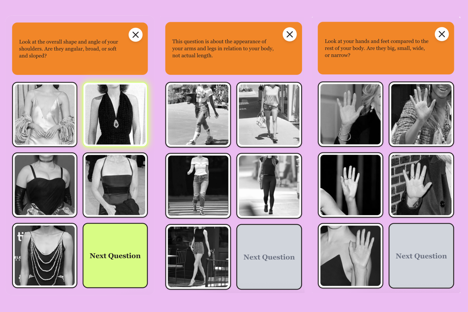 Three questions from the modern Kibbe Body quiz, each pairing a written prompt about shoulders, limb proportion, or hand and foot size with side-by-side image examples so users can see what every answer looks like in practice.