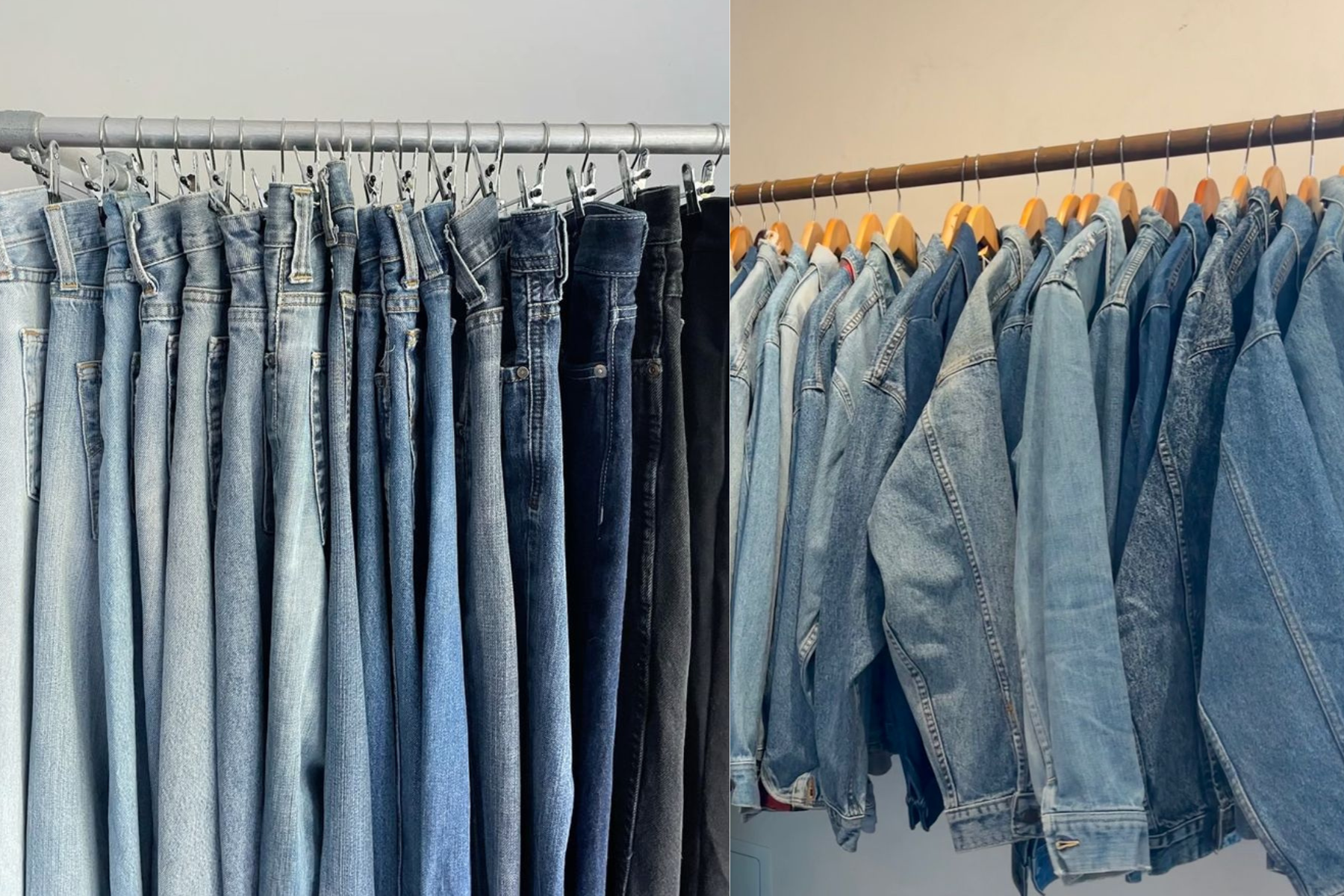 A wall of denim jeans in every cut alongside a rack of jean jackets, the two pieces of structured clothing used in the Levi's pilgrimage and jean jacket test for figuring out your Kibbe type.