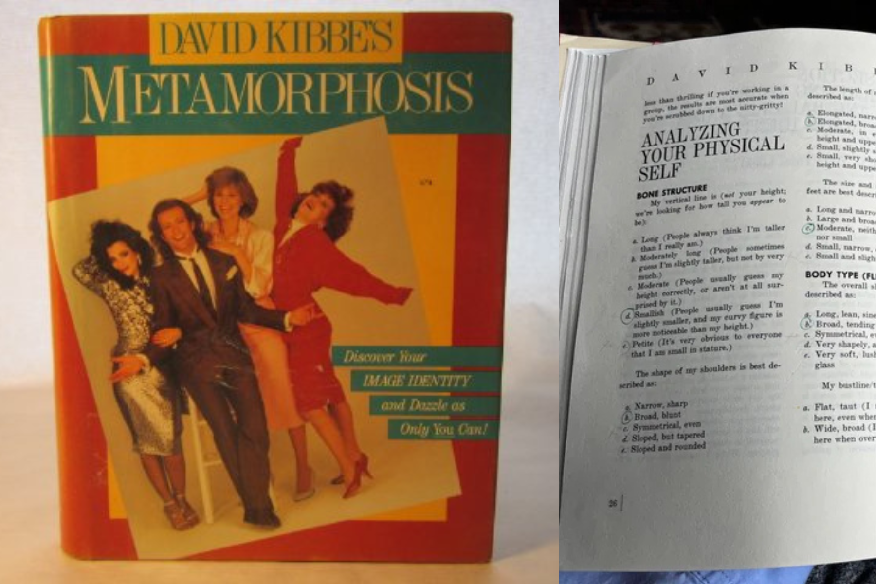David Kibbe's 1987 book Metamorphosis next to its original Analyzing Your Physical Self quiz, the sixteen-question A through E test that first introduced the 13 Kibbe types.