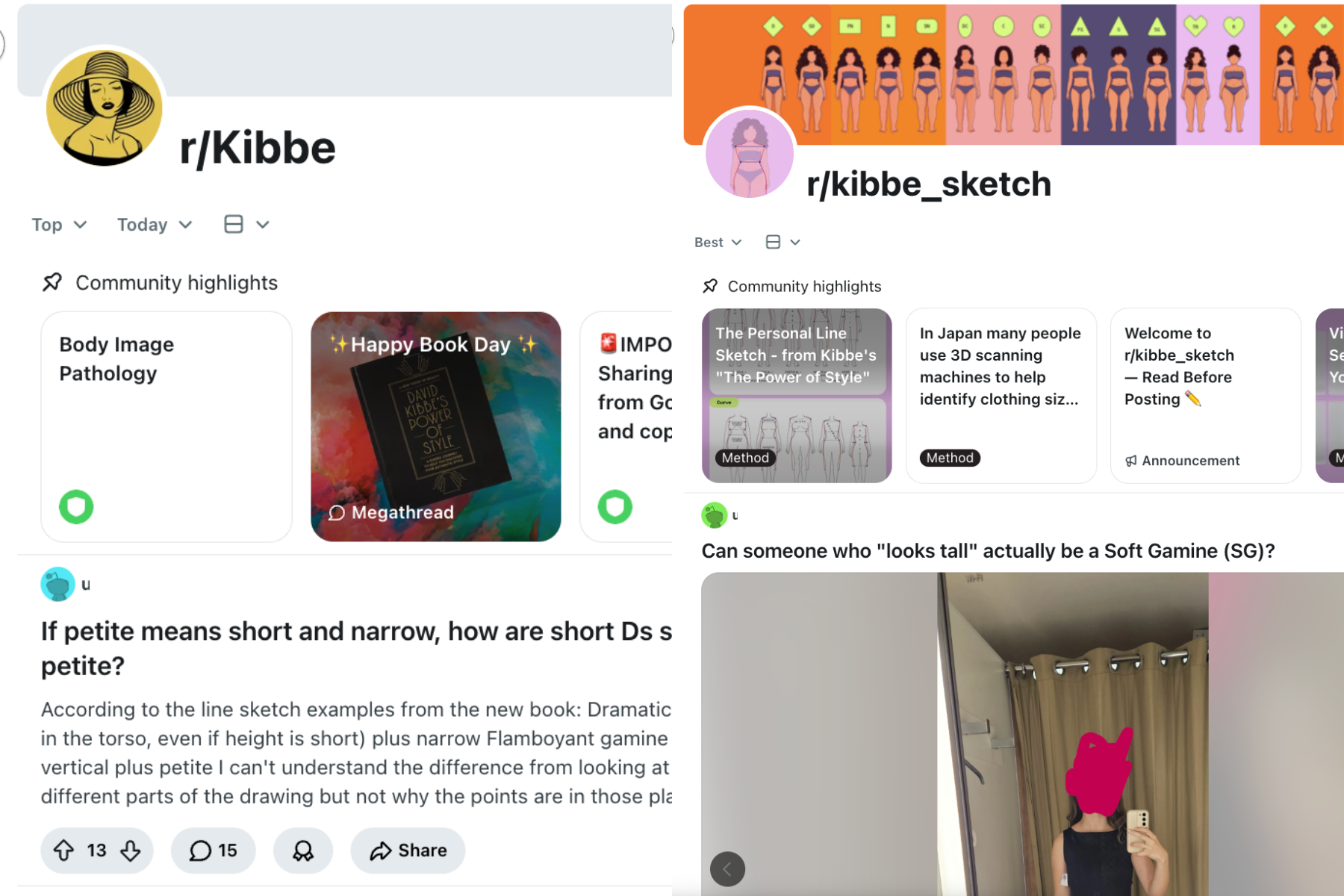 Screenshots of two Kibbe Reddit communities: r/Kibbe with discussion threads and Power of Style book highlights, and r/kibbe_sketch with Personal Line method posts and a typing question from a user.